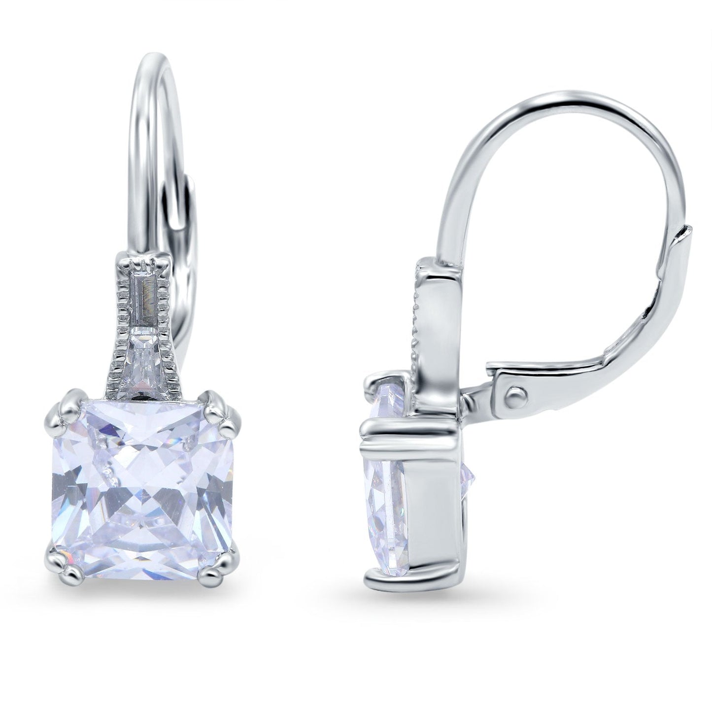 Cushion Cut Dangling Leverback Wedding Earrings Simulated Cubic Zirconia (15mm)