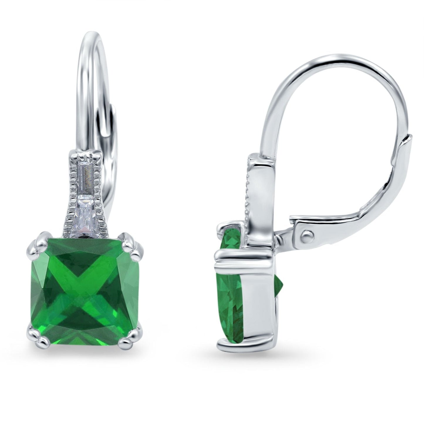 Cushion Cut Dangling Leverback Wedding Earrings Simulated Green Emerald CZ (15mm)