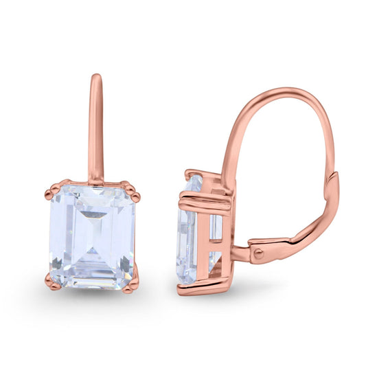 Cushion Cut Dangling Leverback Wedding Earrings Rose Tone, Simulated CZ (20mm)