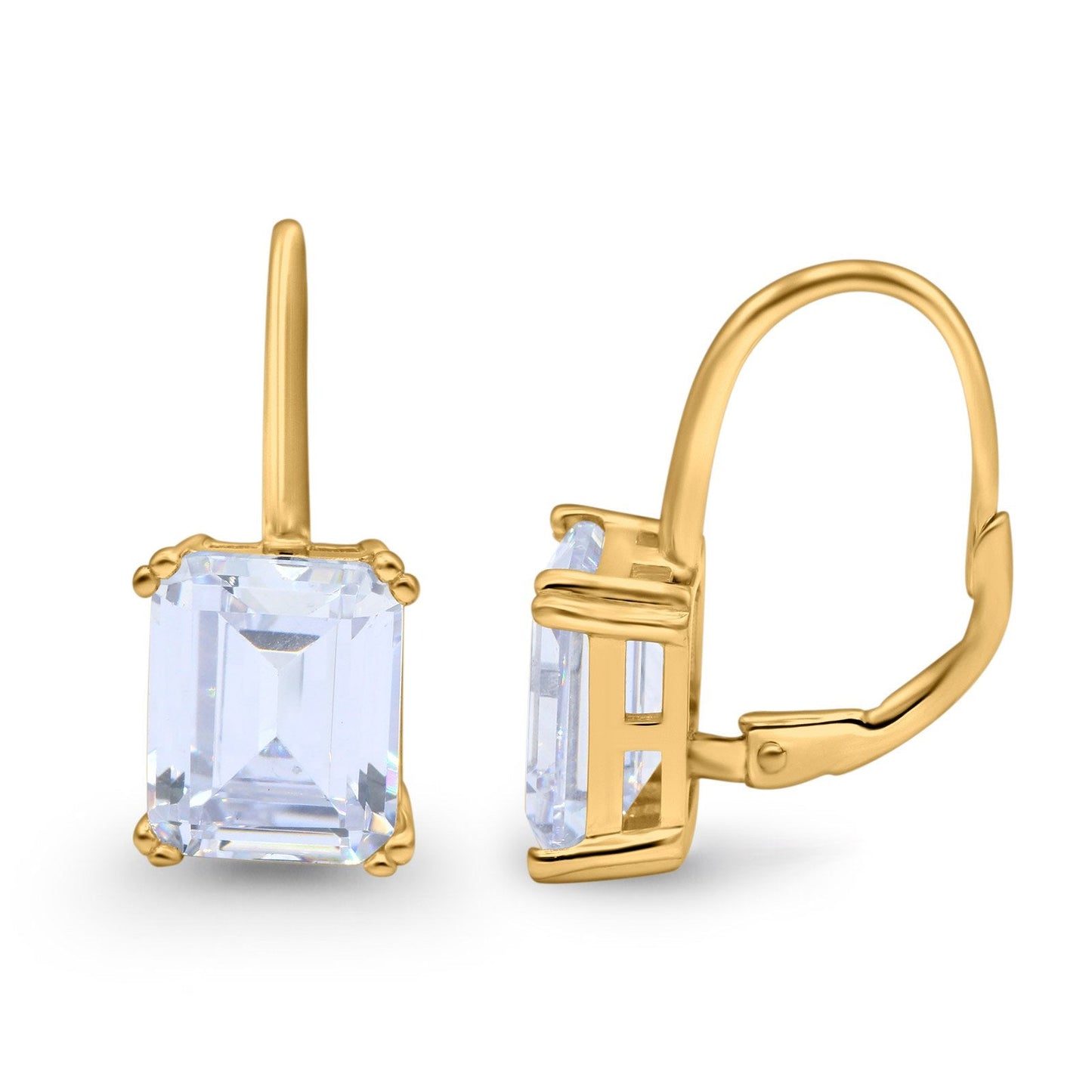 Cushion Cut Dangling Leverback Wedding Earrings Yellow Tone, Simulated CZ (20mm)