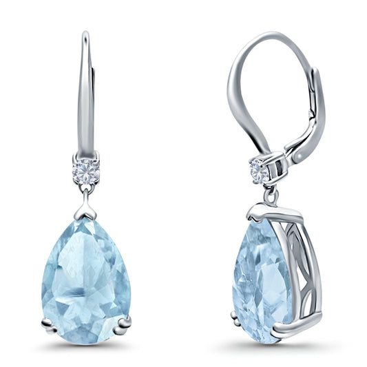 Pear Shape Dangling Leverback Earrings Wedding Simulated Aquamarine CZ (22mm)