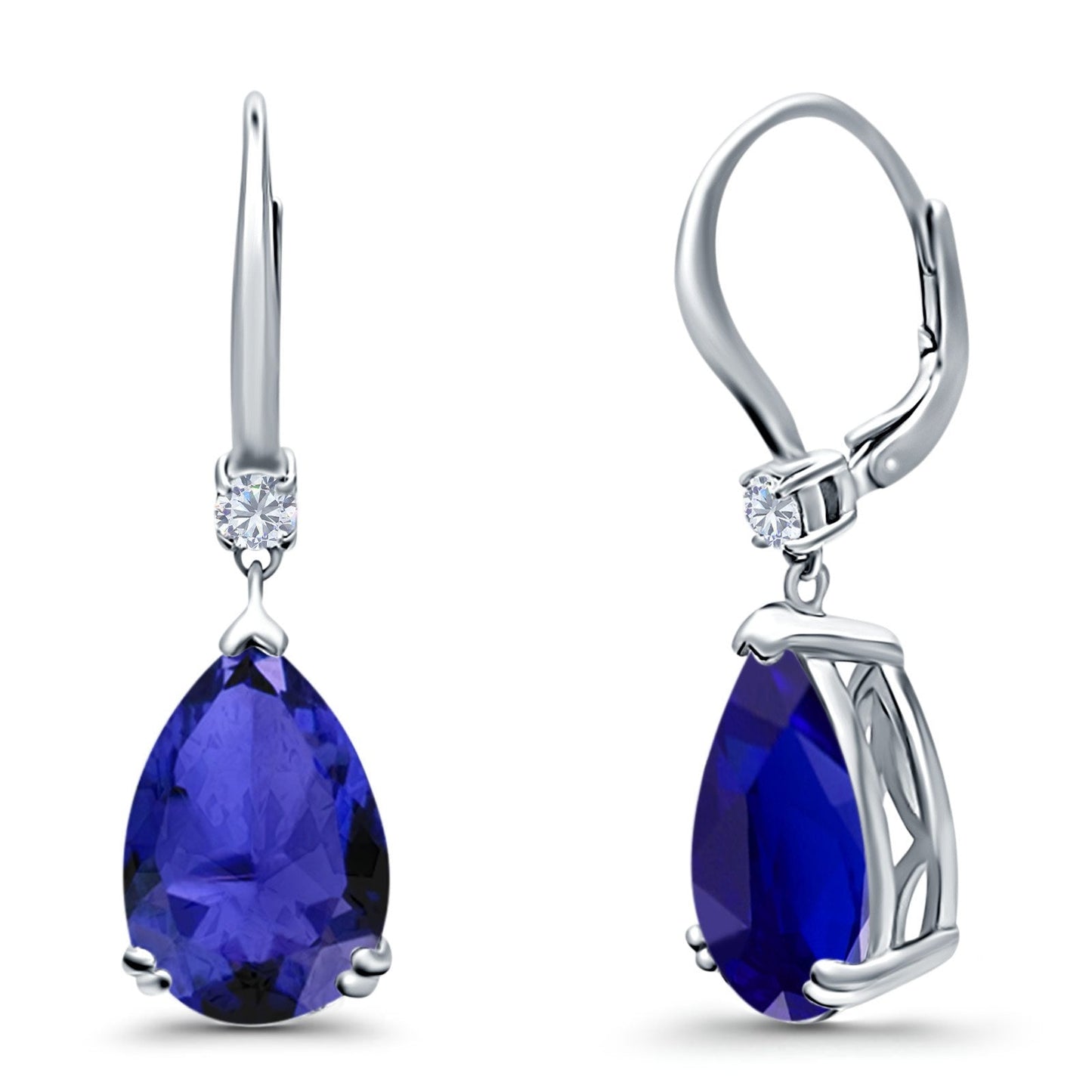 Pear Shape Dangling Leverback Earrings Wedding Simulated Blue Sapphire CZ (22mm)