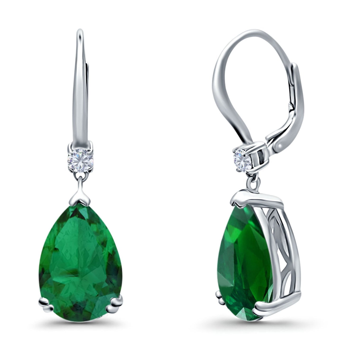 Pear Shape Dangling Leverback Earrings Wedding Simulated Green Emerald CZ (22mm)