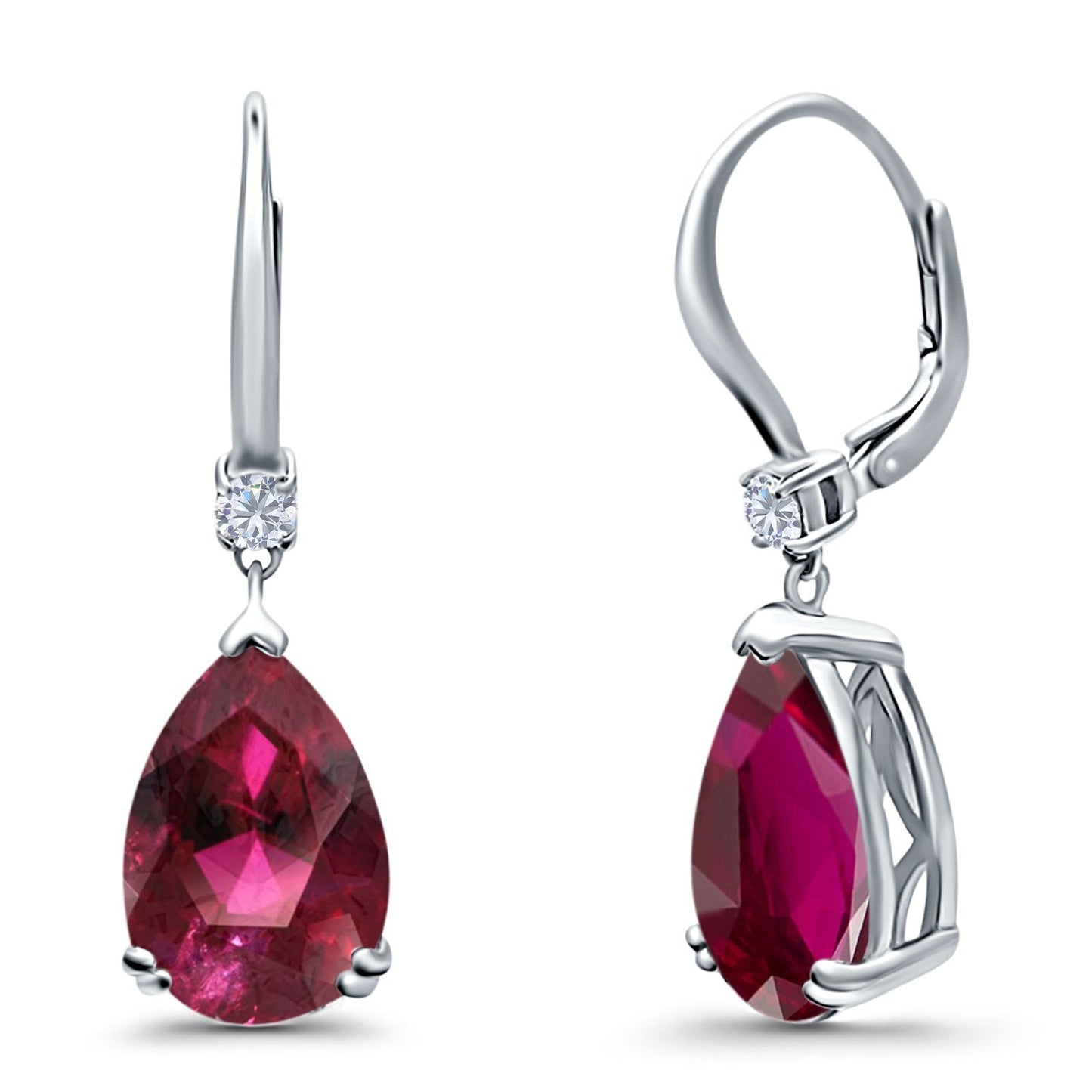 Pear Shape Dangling Leverback Earrings Wedding Simulated Ruby CZ (22mm)