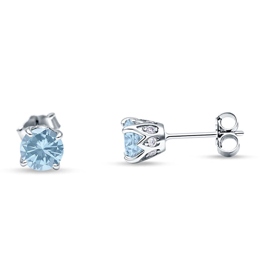 Round Hidden Halo Stud Earring Simulated Aquamarine