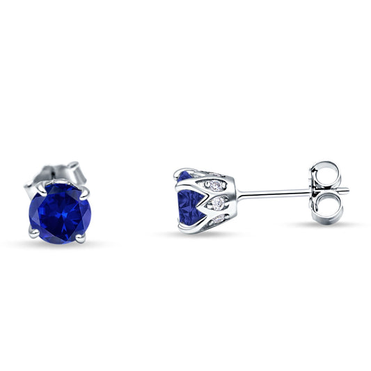 Round Hidden Halo Stud Earring Simulated Blue Sapphire