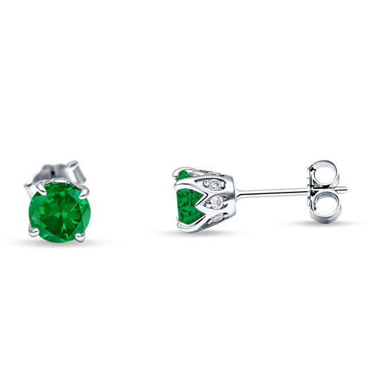 Round Hidden Halo Stud Earring Simulated Green Emerald