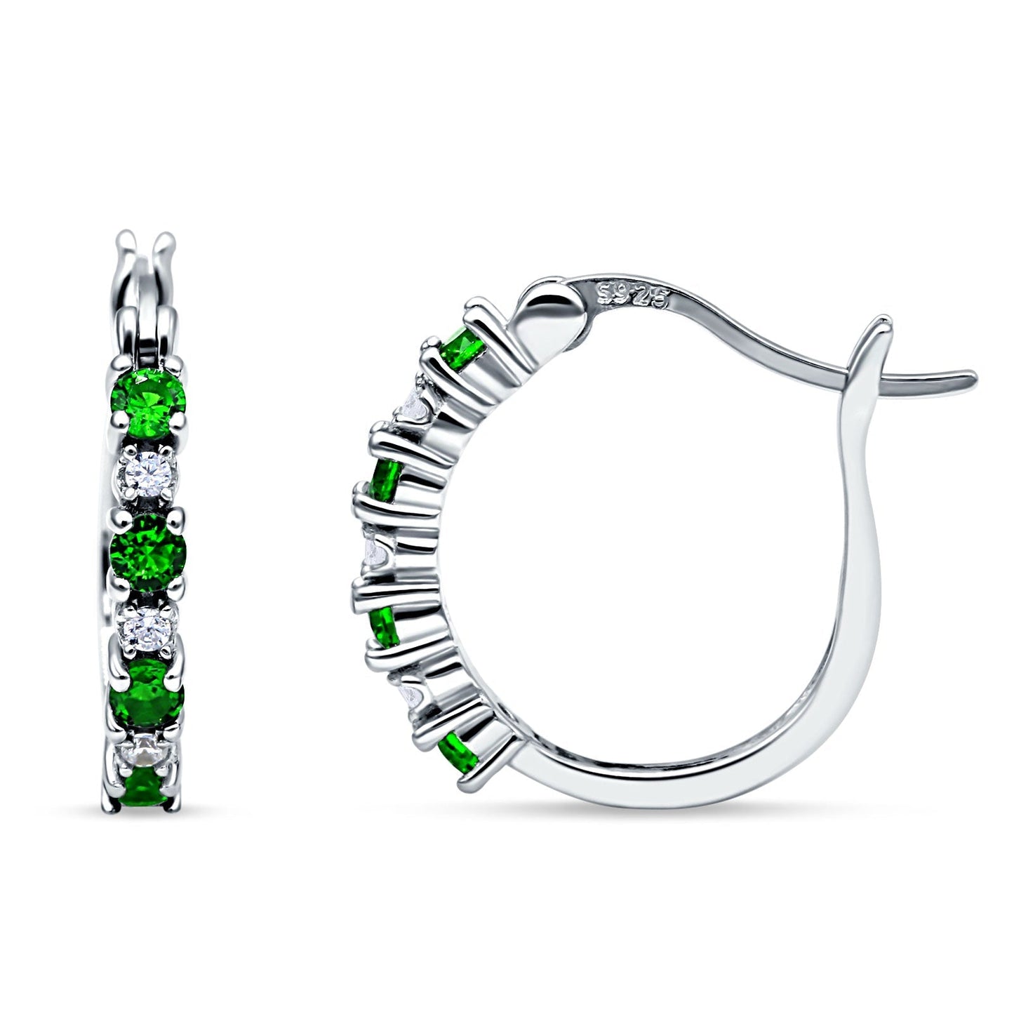 Half Eternity Huggie Hoop Earrings Simulated Green Emerald