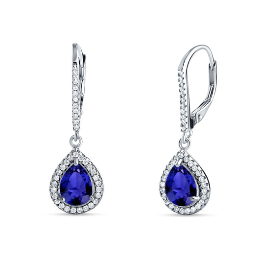 Pear Teardrop Earrings Simulated Blue Sapphire