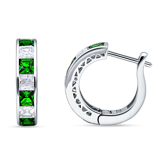 Minimalist Princess Huggie Hoop Earrings Simulated Green Emerald