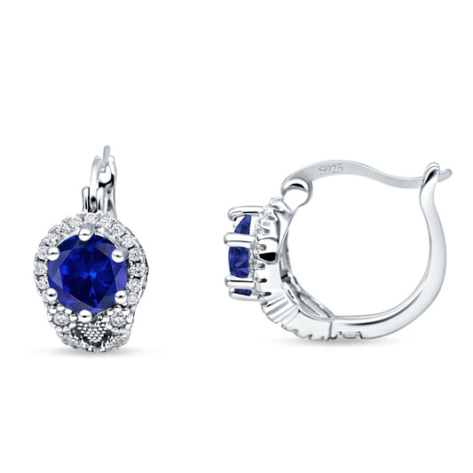 Halo Round Huggie Hoop Earrings Simulated Blue Sapphire