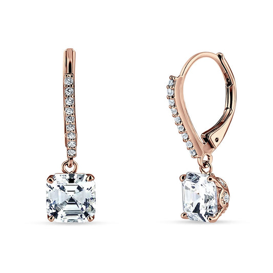 Asscher Cut Rose Tone, Cubic Zirconia Leverback Earrings