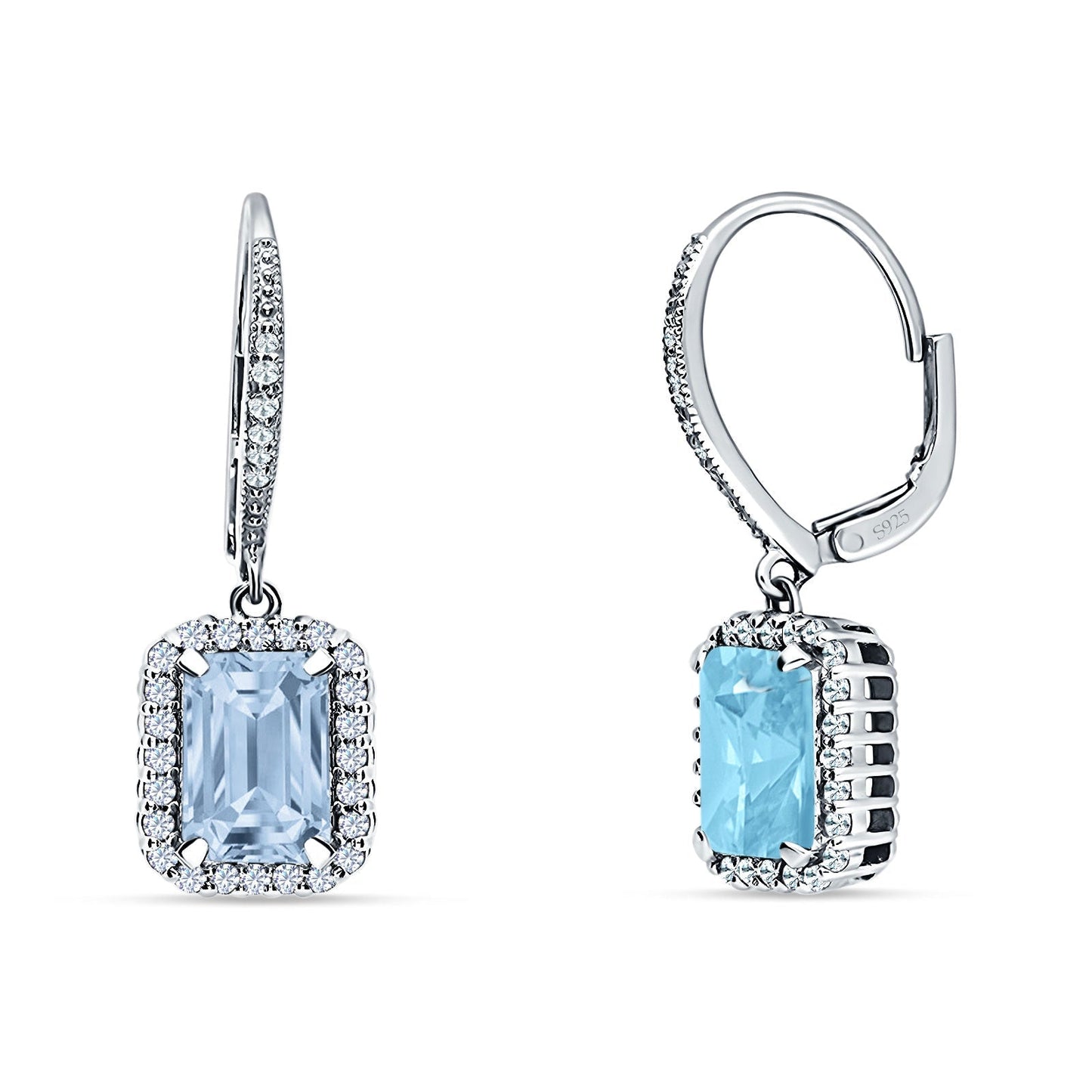 Emerald Cut Leverback Earrings Simulated Aquamarine