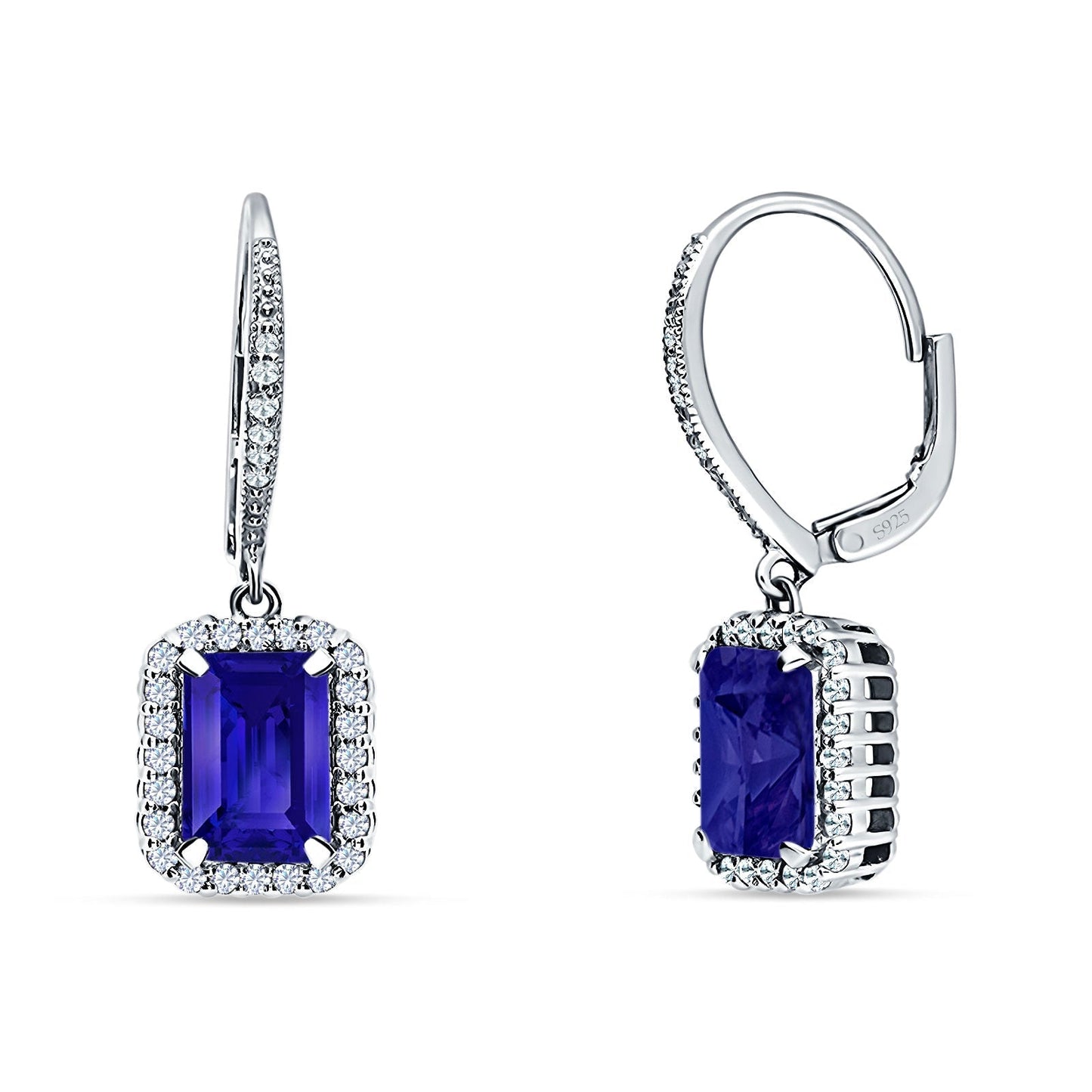 Emerald Cut Leverback Earrings Simulated Blue Sapphire