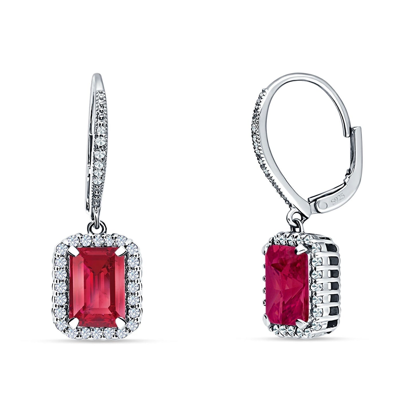 Emerald Cut Leverback Earrings Simulated Ruby