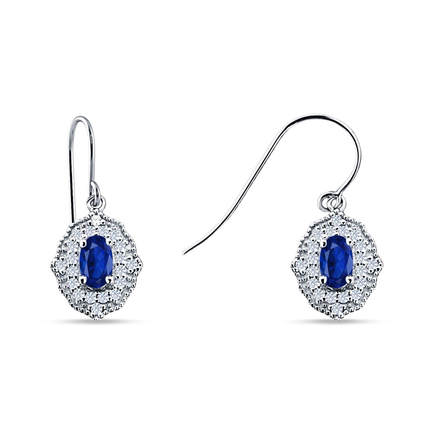 Halo Oval Fishhook Earring Simulated Blue Sapphire