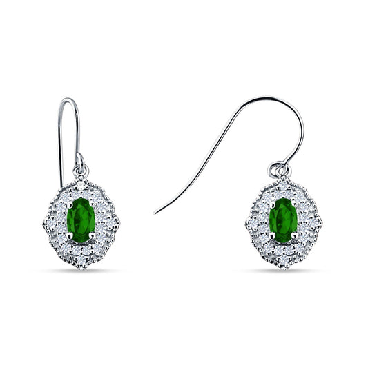 Halo Oval Fishhook Earring Simulated Green Emerald