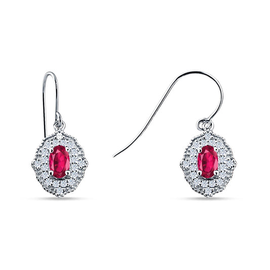 Halo Oval Fishhook Earring Simulated Ruby