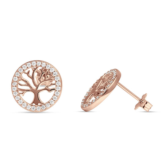 Tree Of Life Stud Earrings Cubic Zirconia Rose Tone