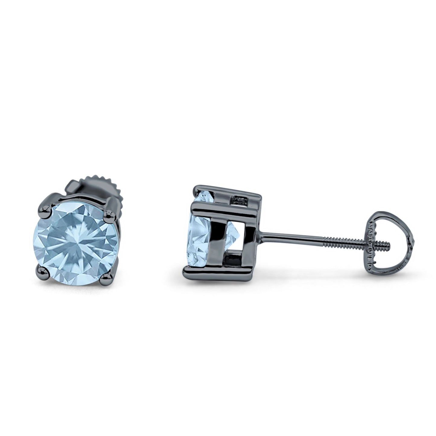 Solitaire Stud Earring Brilliant Round Simulated Aquamarine Black Tone