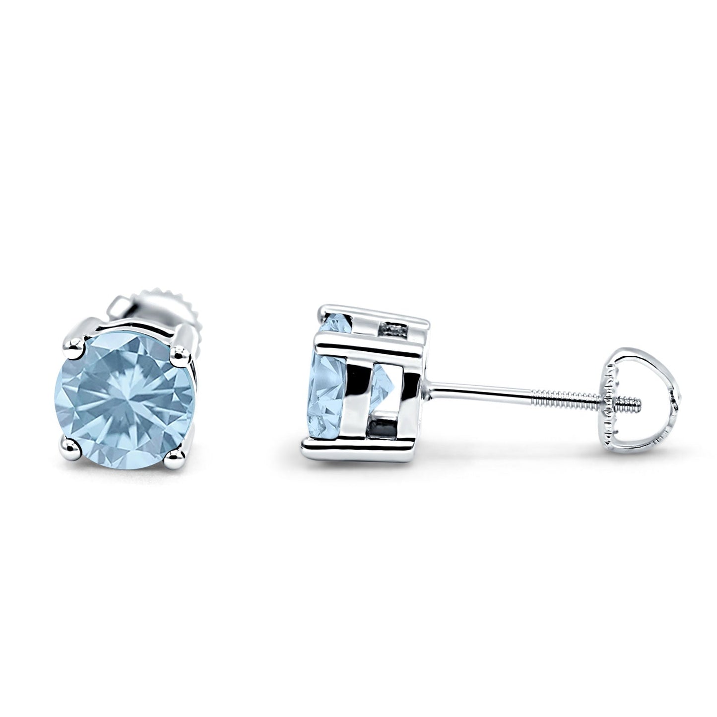 Solitaire Screw Back Stud Earring Brilliant Round Simulated Aquamarine CZ