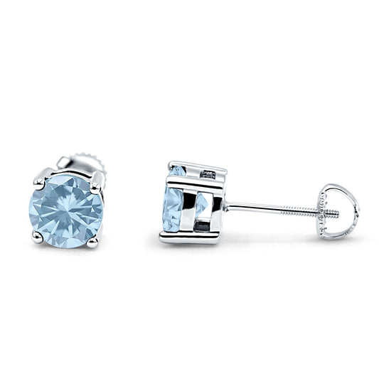 Solitaire Screw Back Stud Earring Brilliant Round Simulated Aquamarine CZ