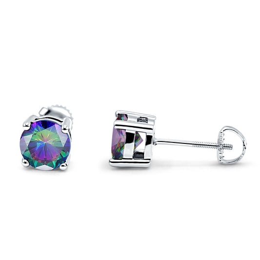 Solitaire Brilliant Round Simulated Rainbow CZ Screw Back Stud Earring