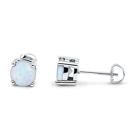 Solitaire Screw Back Stud Earring Brilliant Round Lab Created White Opal