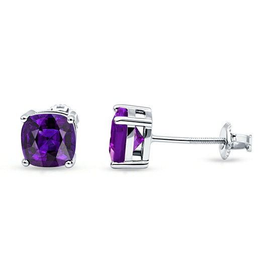 Solitaire Screw Back Stud Earring Excellent Cushion Cut Simulated Amethyst CZ