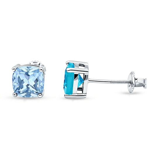 Solitaire Screw Back Stud Earring Excellent Cushion Cut Simulated Aquamarine CZ