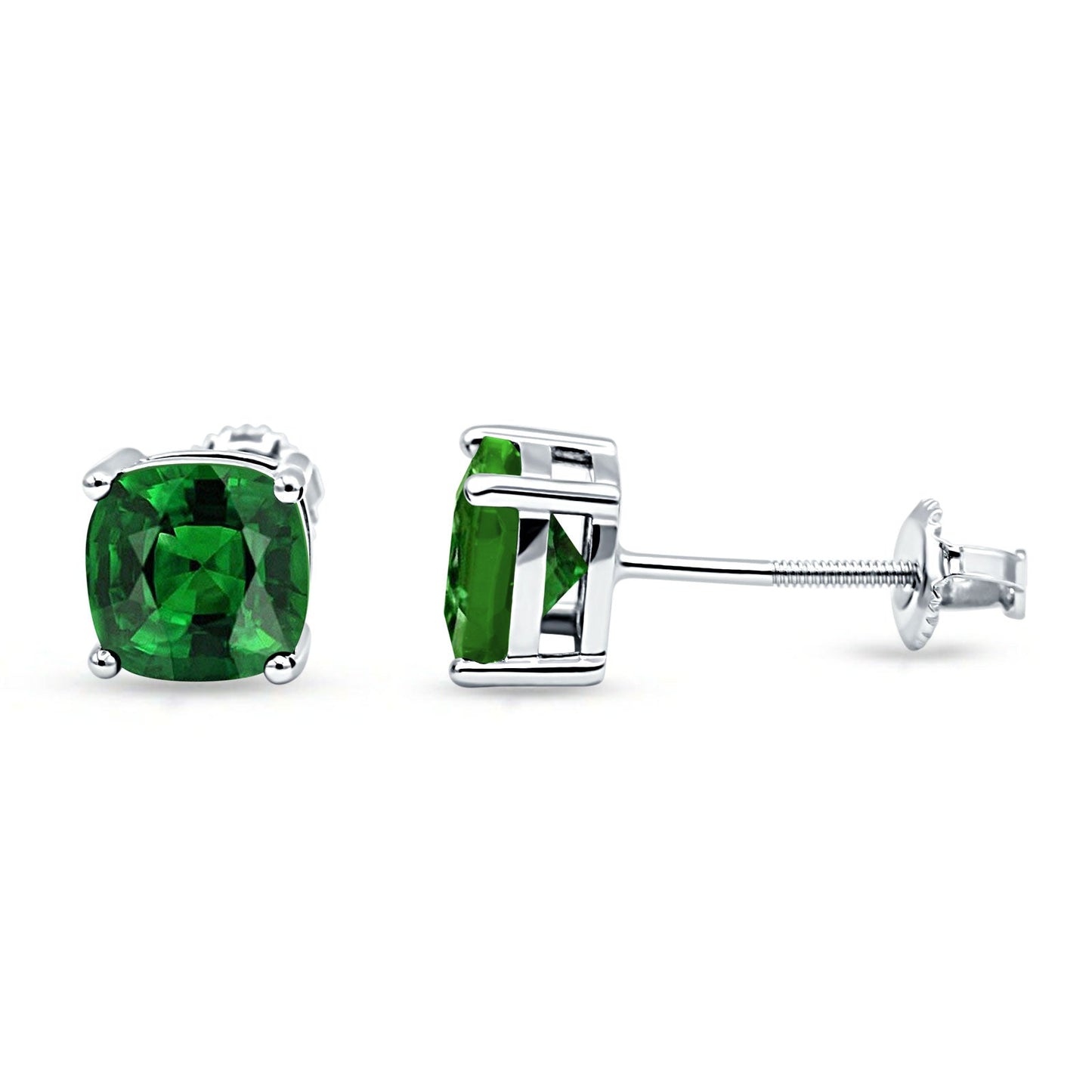 Solitaire Screw Back Stud Earring Excellent Cushion Cut Simulated Green Emerald CZ