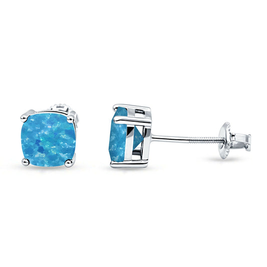 Cushion Stud Solitaire Lab Created Blue Opal Earring