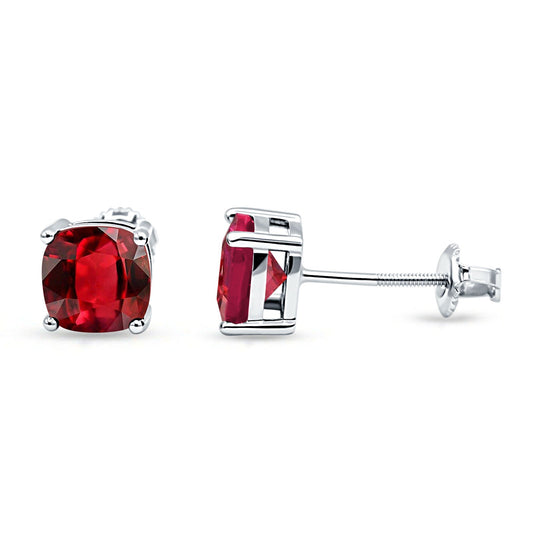 Solitaire Screw Back Stud Earring Excellent Cushion Cut Simulated Ruby CZ