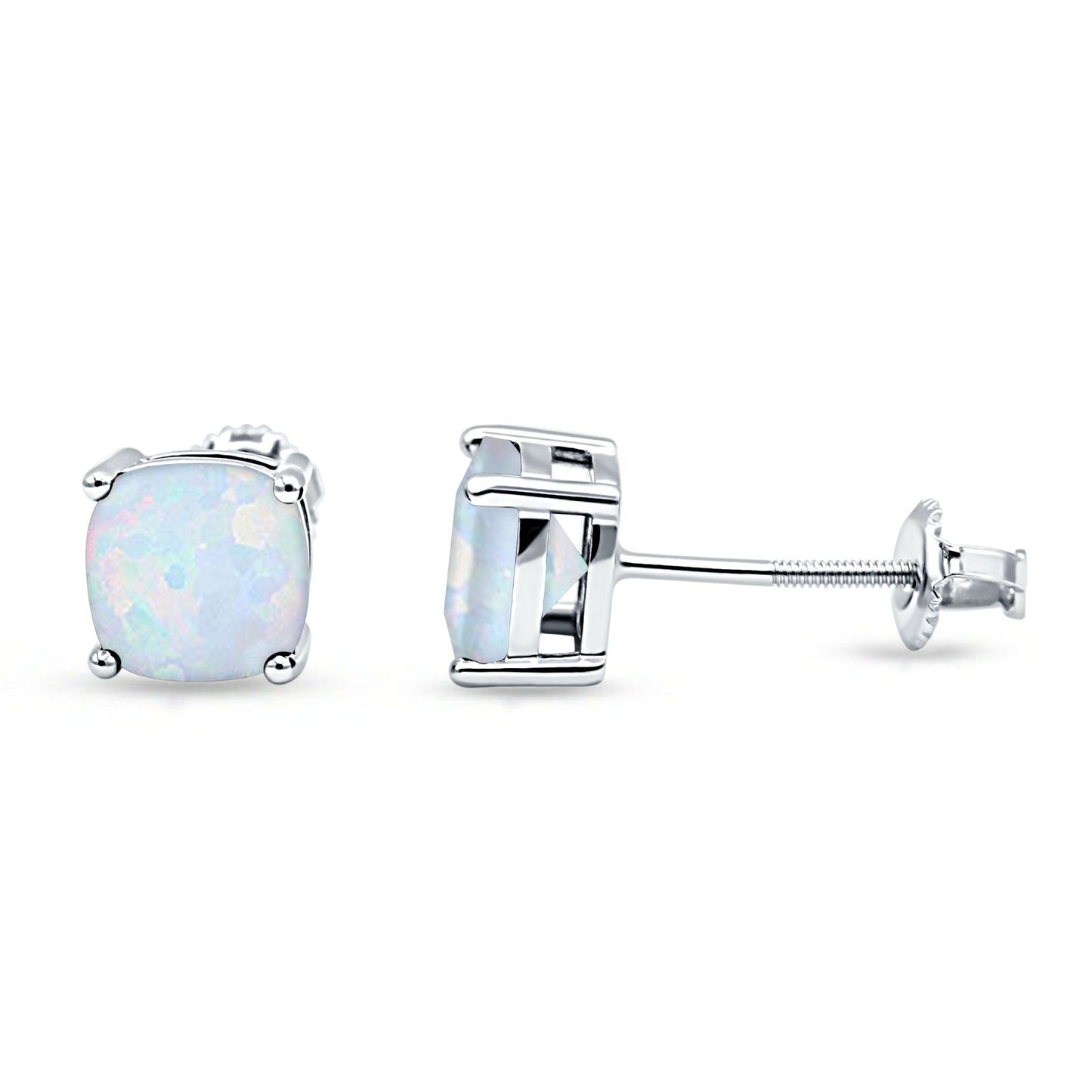 Solitaire Screw Back Stud Earring Excellent Cushion Cut Lab Created White Opal