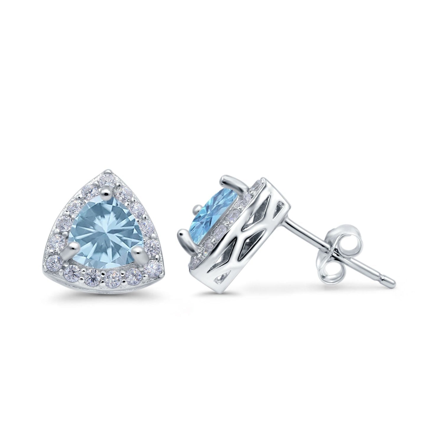 Halo Simulated Aquamarine CZ Round Stud Earrings