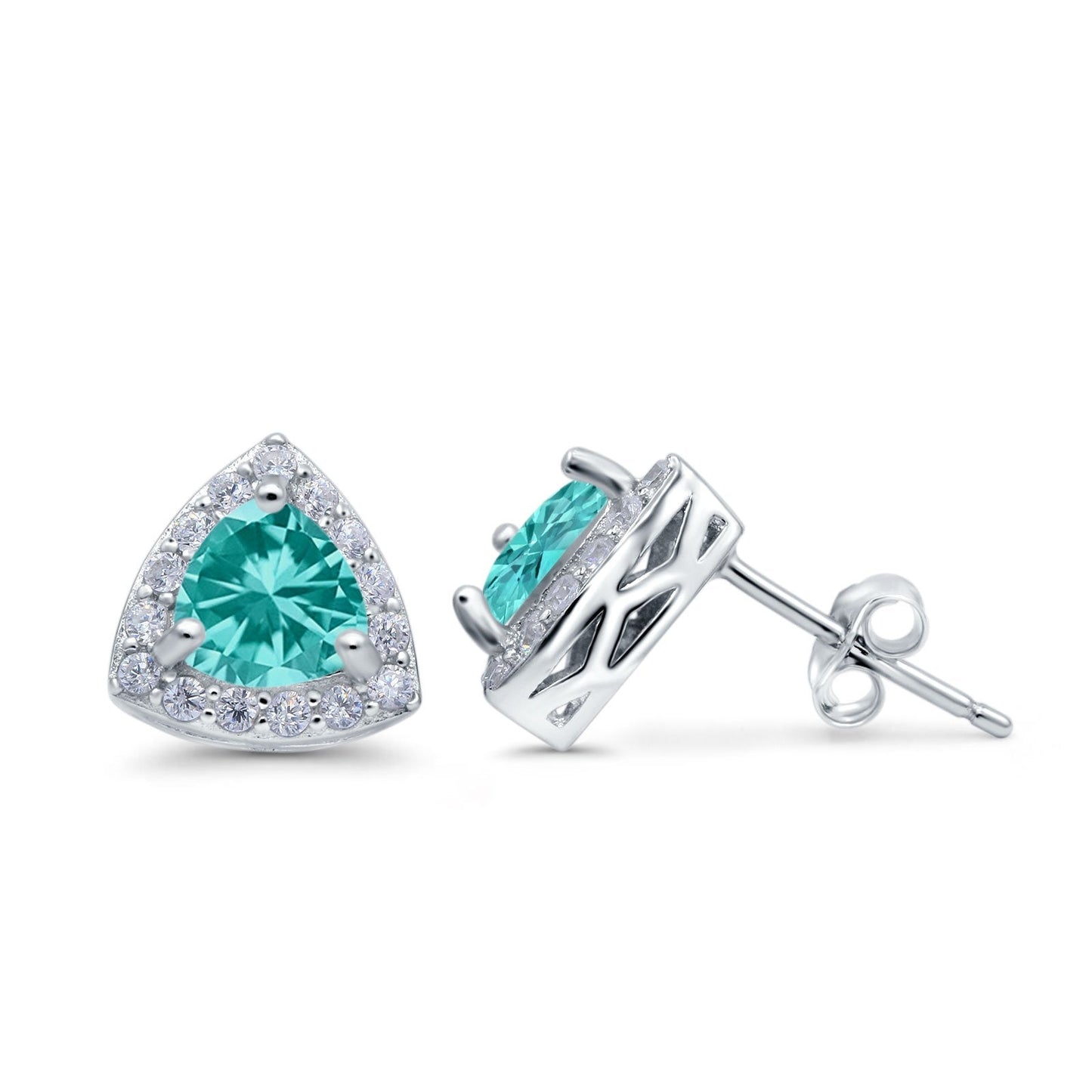 Halo Simulated Paraiba Tourmaline CZ Round Stud Earrings