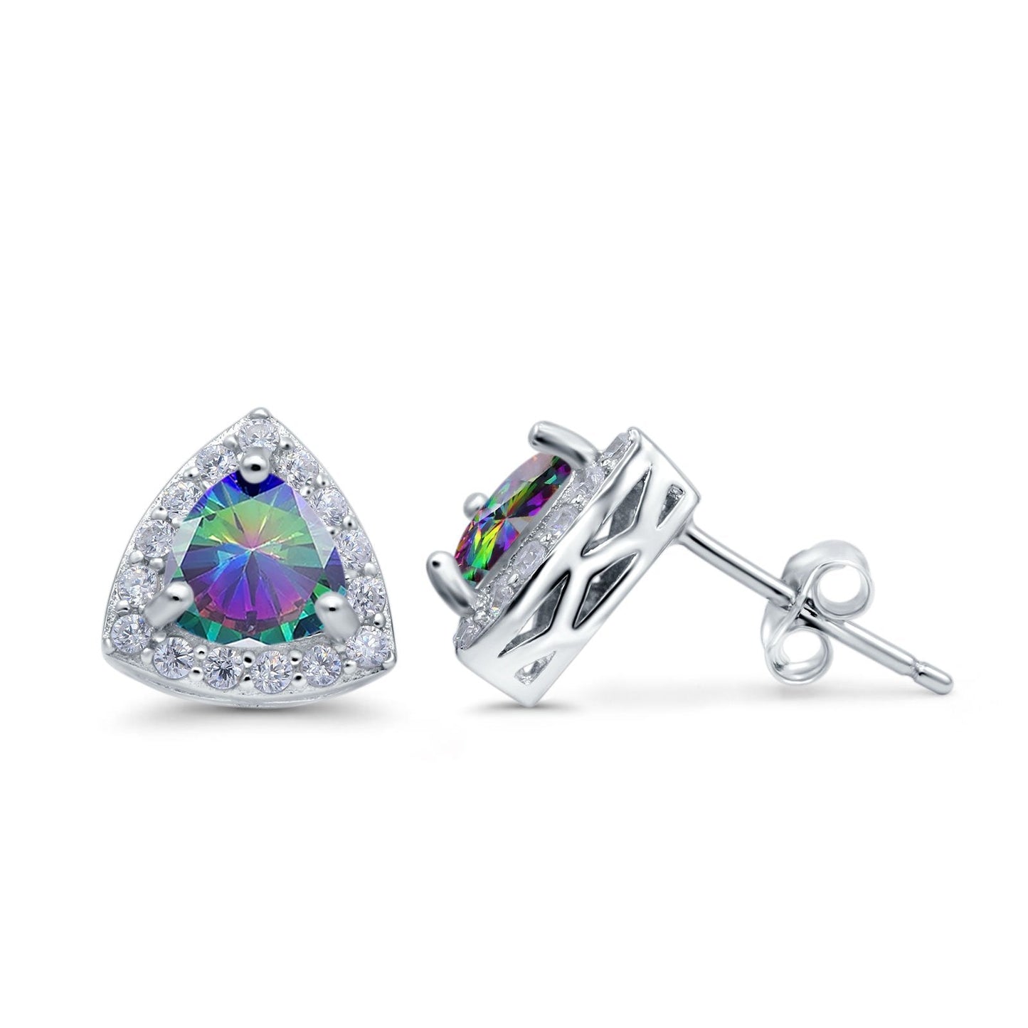 Halo Simulated Rainbow CZ Round Stud Earrings