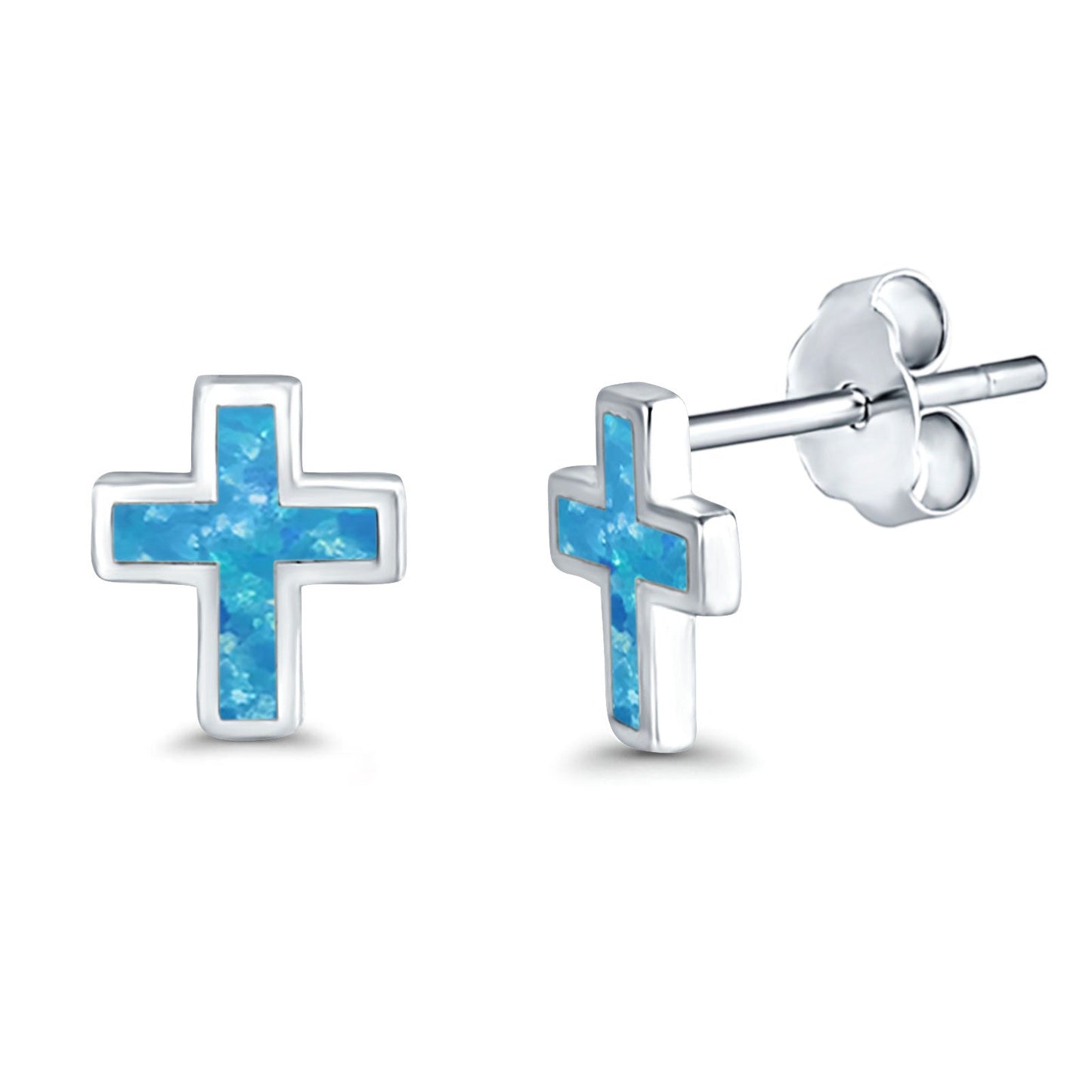 Cross Lab Created Blue Opal Stud Earrings