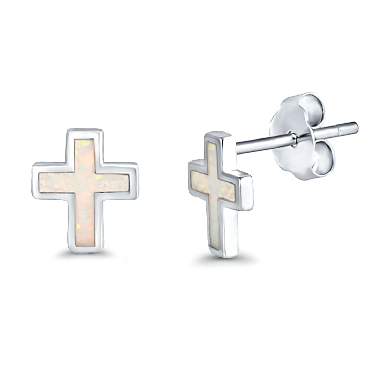 Cross Lab Created White Opal Stud Earrings