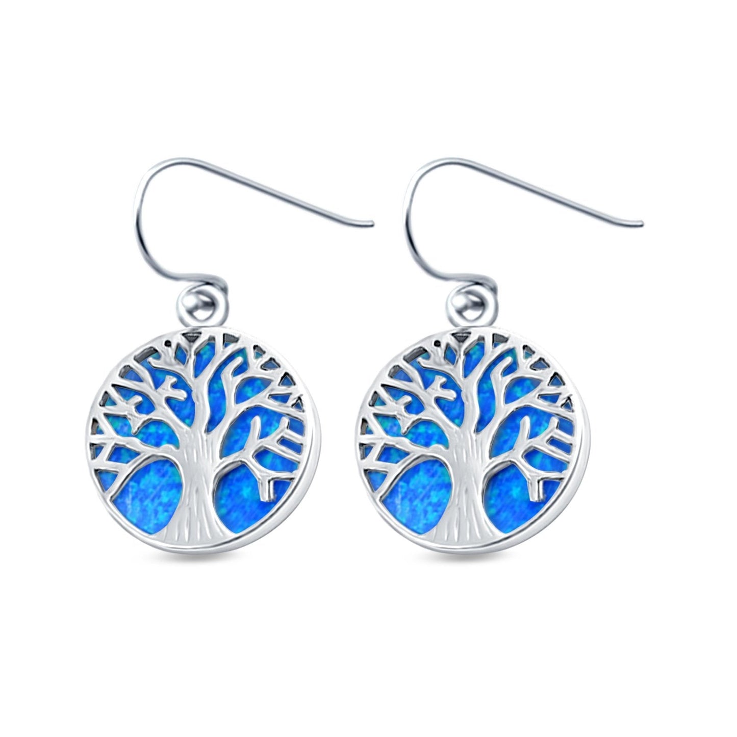 Circle Round Tree of Life Earrings Drop Dangle Lab Created Blue Opal (20mm)