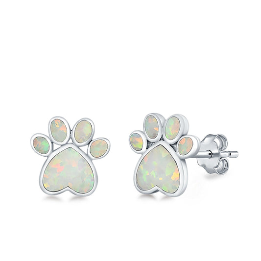 Paw Prints Lab Created White Opal Stud Earrings