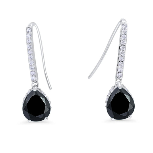 Teardrop Pear Black CZ Dangling Fish Hook Earrings