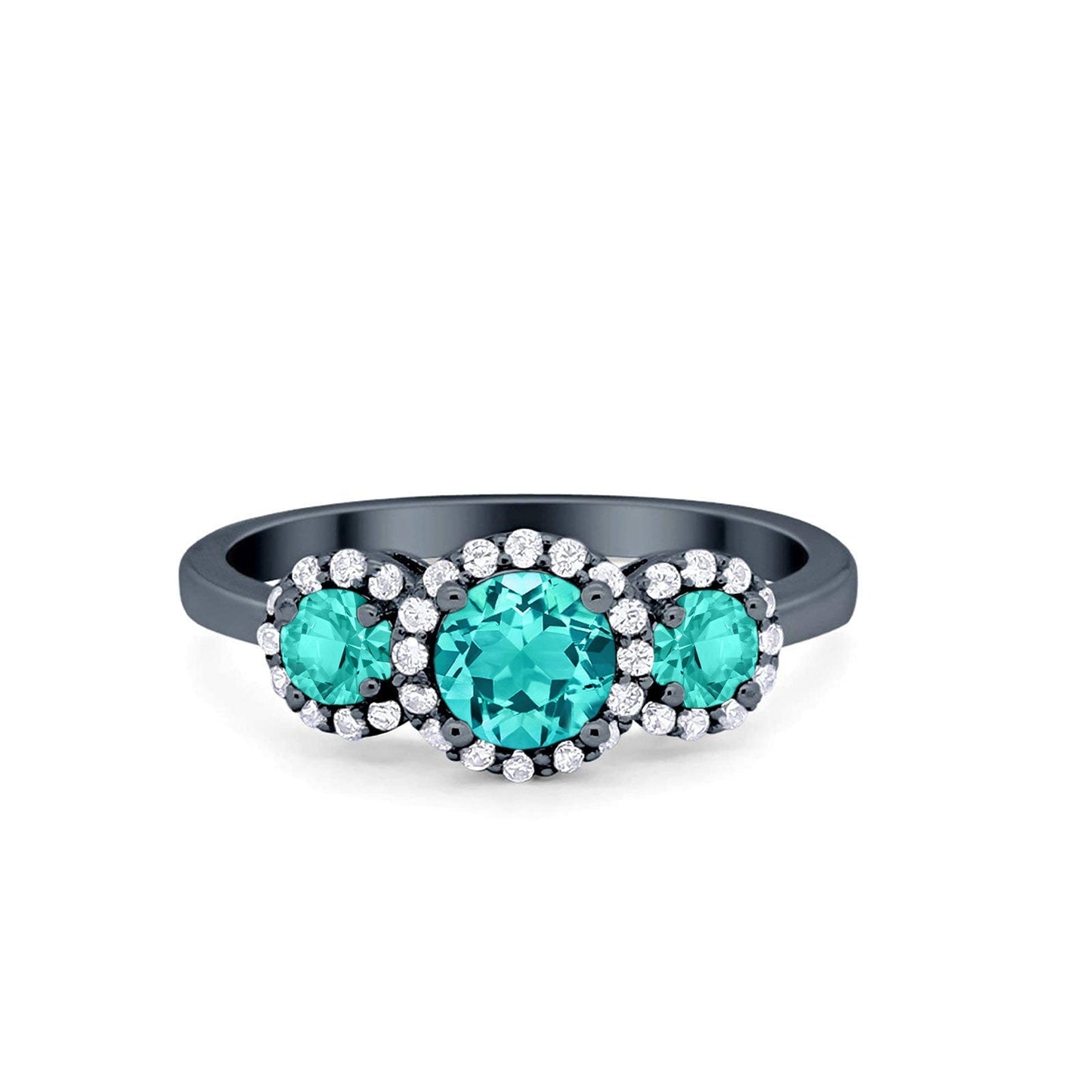 Three Stone Halo Black Tone, Simulated Paraiba Tourmaline CZ Engagement Promise Ring