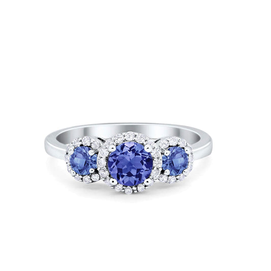 Three Stone Halo Simulated Tanzanite CZ Wedding Engagement Promise Ring