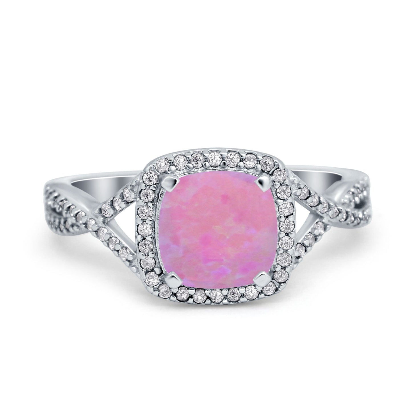 Halo Infinity Shank Engagement Ring Cushion Lab Created Pink Opal