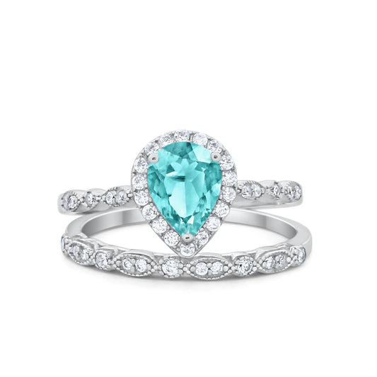 Teardrop Pear Engagement Piece Ring Band Simulated Paraiba Tourmaline CZ