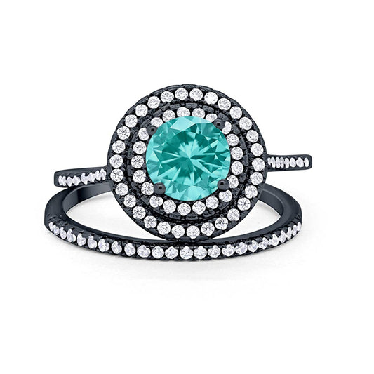 Double Halo Engagement Bridal Piece Ring Black Tone, Simulated Paraiba Tourmaline CZ