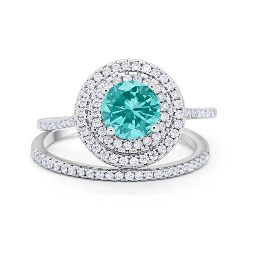 Double Halo Engagement Bridal Piece Ring Simulated Paraiba Tourmaline CZ