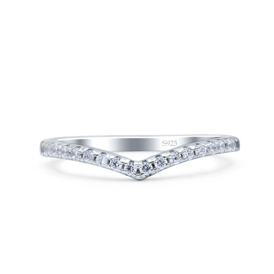 Chevron Midi Half Eternity Wedding Band Round Pave Simulated CZ Ring