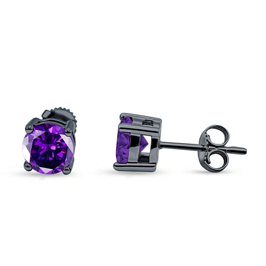 Solitaire Stud Earring Amethyst CZ Black Tone